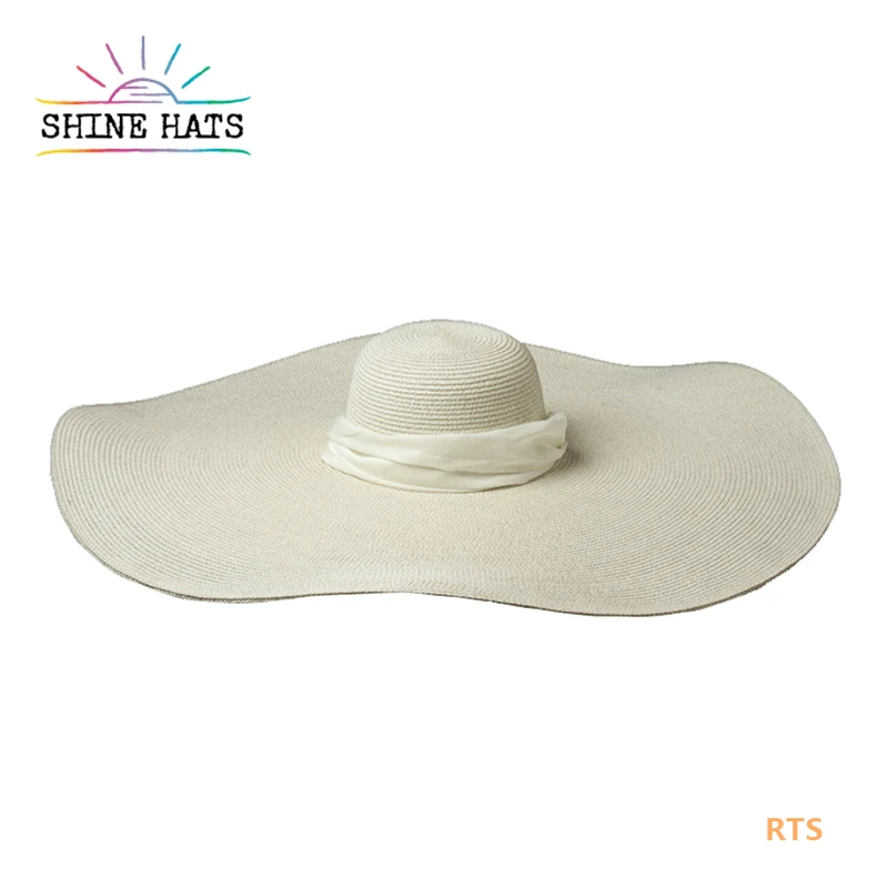 

Shinehats OEM sombrero de paja White Paper 57cm Head Circumference 25cm Big Brim Ribbon Rope Women Summer Beach Sun Straw Hat