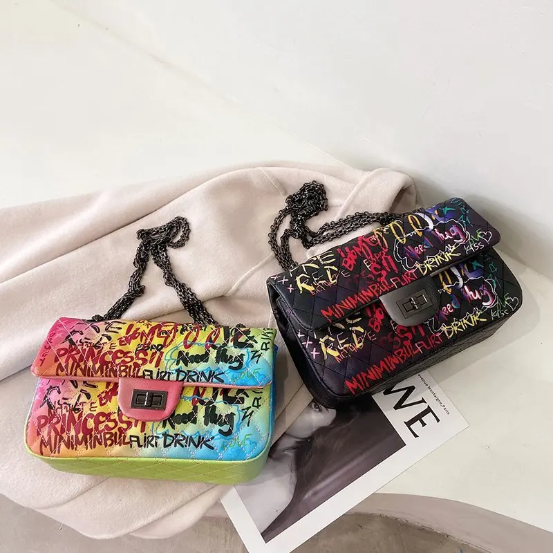 

Wholesale Graffiti Purses Women Chains Luxury Colorful Chain Crossbody Bag Handbags, White, black, colorful