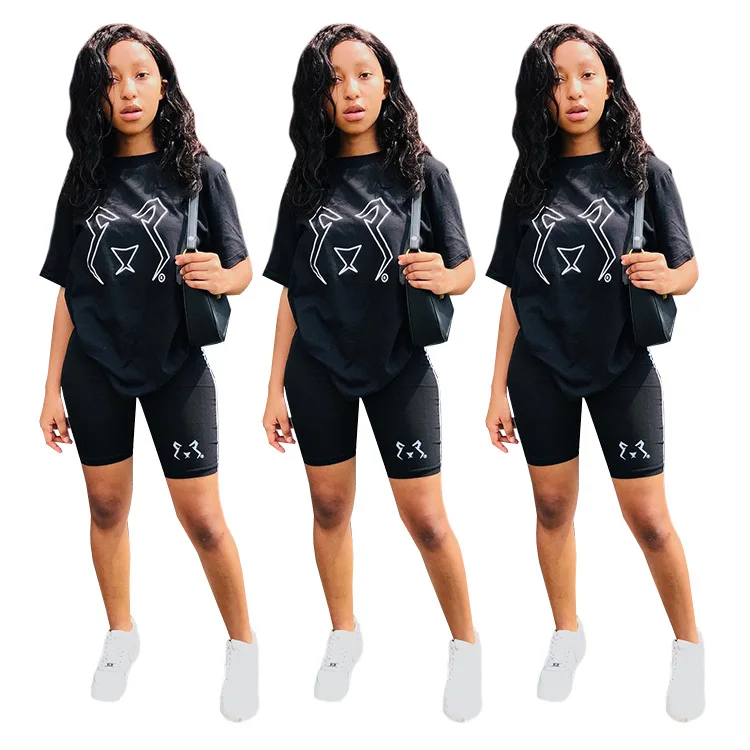 

2021 New Arrival Print Short Sleeve Casual Women Summer Two Piece Biker Shorts Set, Red, black, blue