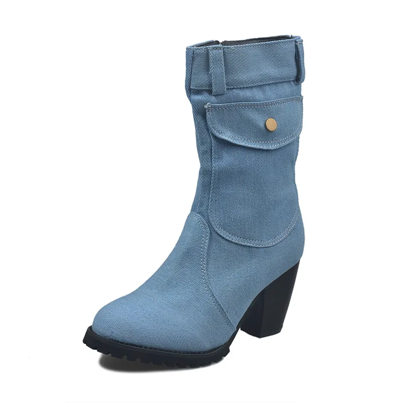 

spot 2021 autumn and winter new thick-heeled retro denim mid-tube thick-heeled women's Fashion boots