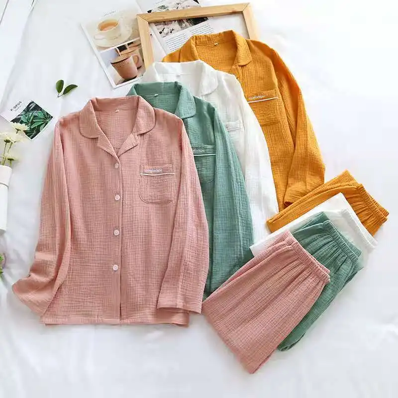 

Two-piece Home Wear Woman Pajamas for Women Cotton Long-sleeved Couple Matching Pajamas Texture Crepe Gauze Sleepwear Clothes, Required