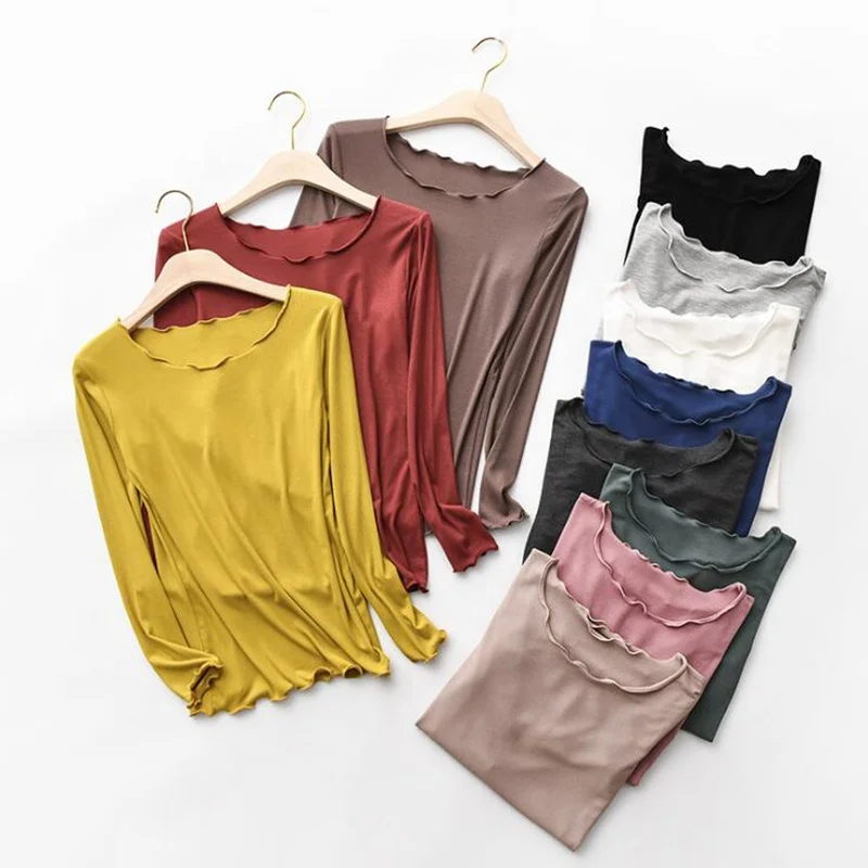 

2020 Fashion New Plus Size Tee Shirts Women Lace O-neck Modal Tshirt Femme Solid Color Women Long Sleeve Tshirts, 11 solid colors as shown