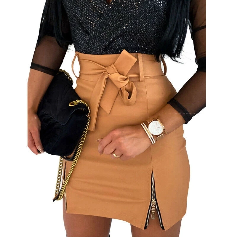 

Sexy Women PU Leather Pencil Bodycon Skirt Clubwear Double Zipper High Waist Mini Short Skirts, Multi color