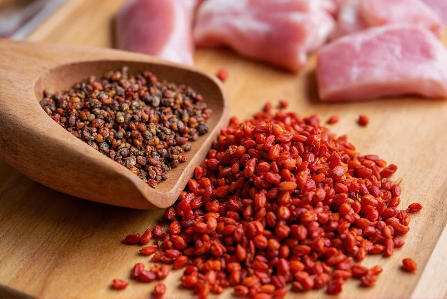 Close-up of dried red chilies and Sichuan peppercorns arranged on wooden cutting board with pork belly pieces