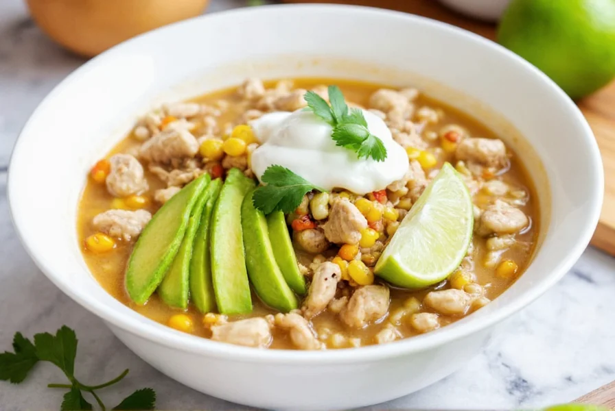 Finished white chili chicken recipe in white bowl with toppings: avocado slices, sour cream dollop, cilantro garnish, and lime wedge