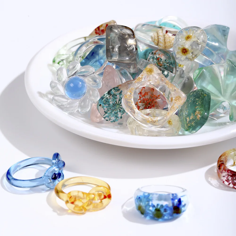 

New Colorful Transparent Acrylic Irregular Marble Zircon Resin Dried Flower Ring for Women Girls Jewelry