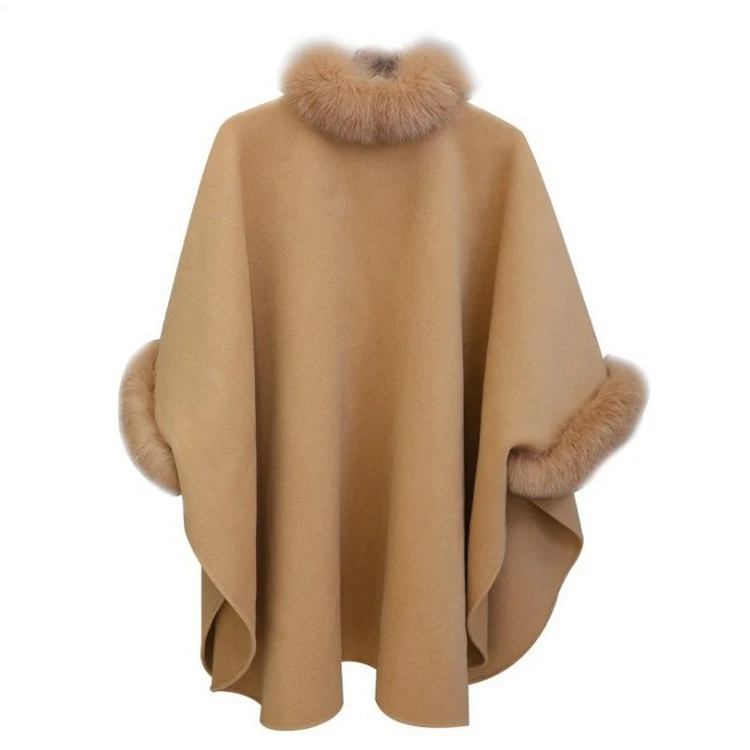 

Jtfur Winter Clothes Korean Style Fox Fur Collar Elegant Woolen Coat Ladies Cloak Shawl Coat for Women, Customized color