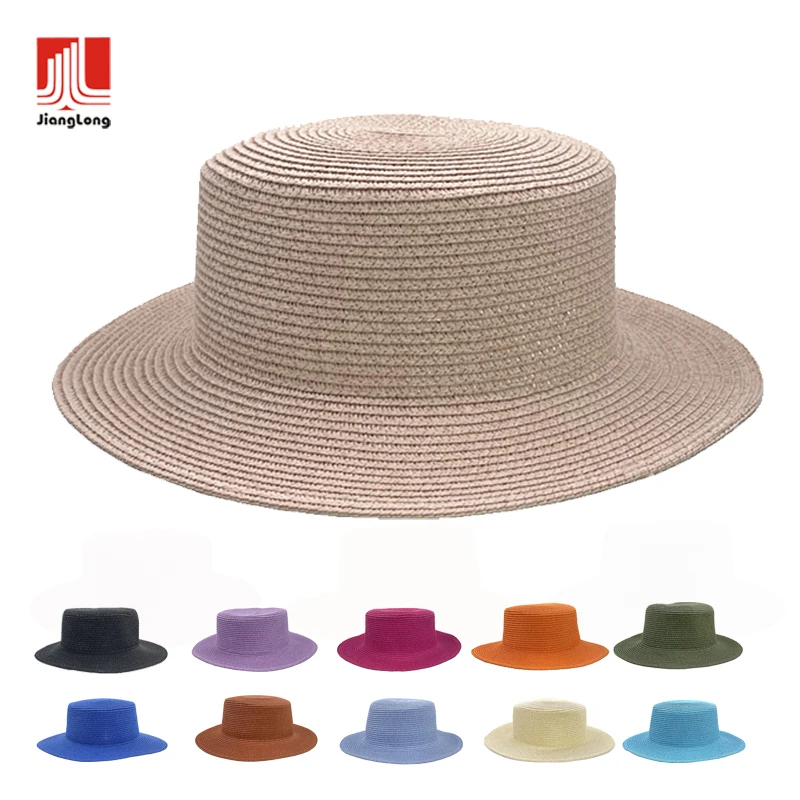 

Women's Summer Straw Boater Sun Hat Wide Brim Flat Top Panama Boater chain Straw Beach Sun Hat