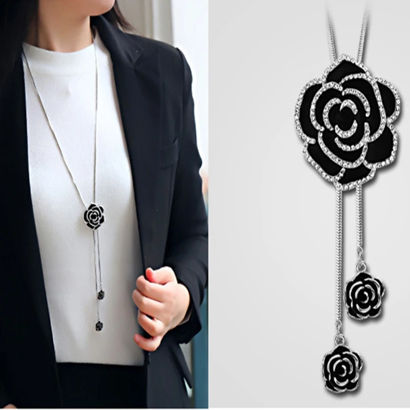 

HYN10 High quality Black flower pendant necklace jewelry long chain necklaces