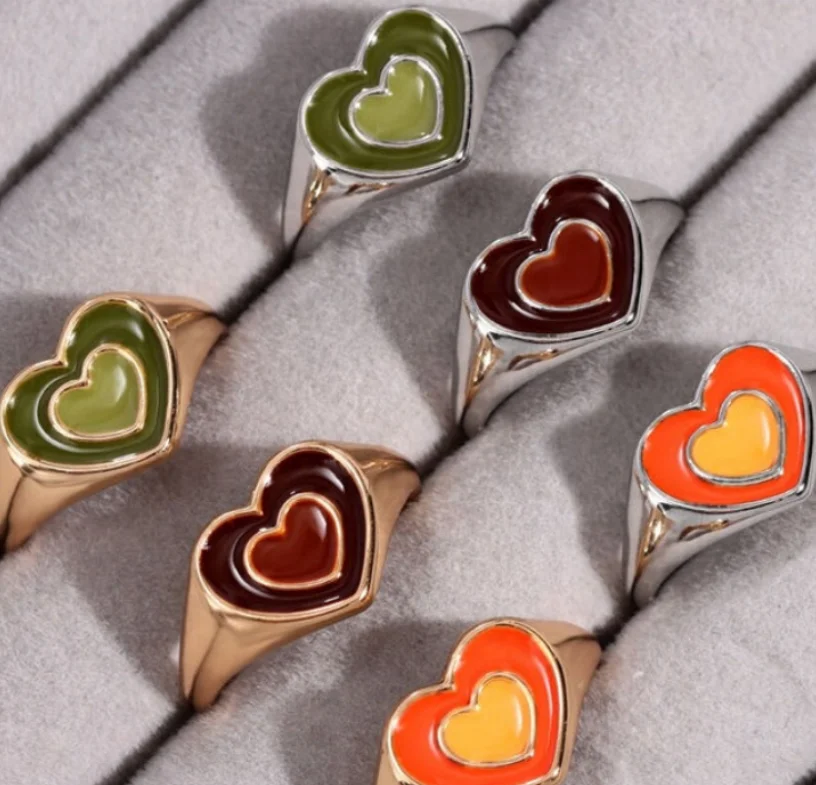 

Ins Colorful Stainless Steel Jewelry Korean Signet Ring Woman Accessories Fashion 18K Gold Plated Enamel Chunky Heart Rings 5 bu, Silver gold