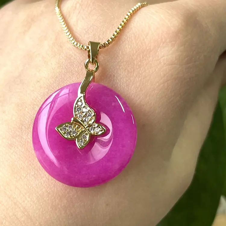 

hot! 2020ins wholesale fashion necklace fuchsia heart-shaped coin cross Reversible jade jewelry necklace
