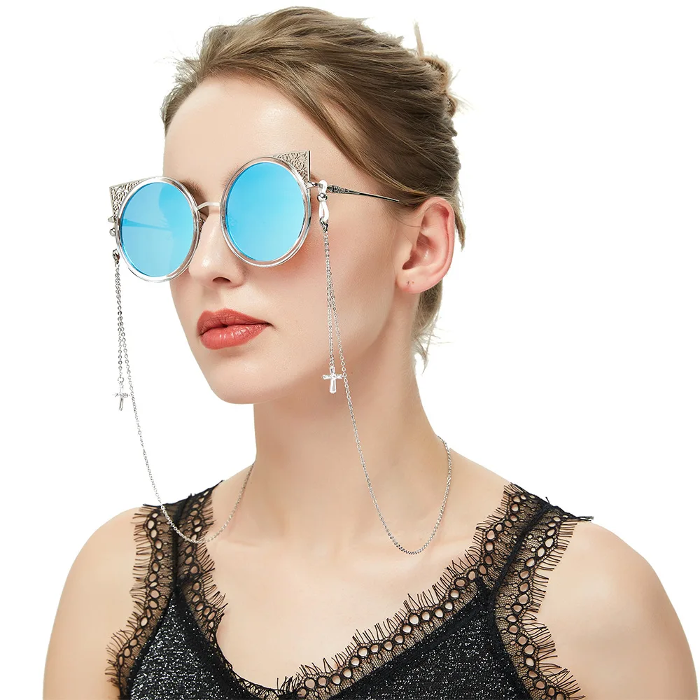 

Fashion Wholesale Elegant Crystal Cross Cham Stainless Steel Eyewear Accessories Glasses Sunglasses Frame Strap Chain Holder, Silver,gold