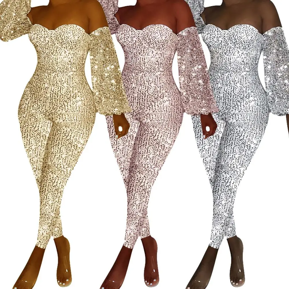 FM-Q331 New arrival club wear for females 2019 fashion off shoulder long sleeve jumpsuit sexy nightclub sexy sequin rompers
