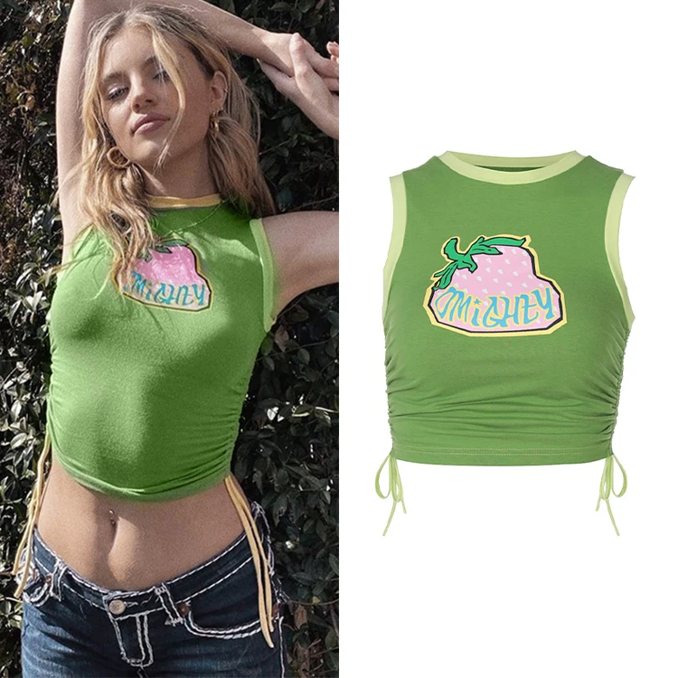 

Summer Sweet Girls 2021 Fashion Strawberry Pattern Green Cotton Women'S T-Shirts Drawstring Sexy Tank Top Women Crop