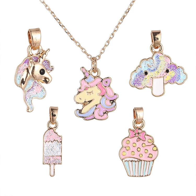 

Wholesale New Fashion 5 Charm Cute Cartoon Unicorn Necklace Handmade Baby Girls KIds Diamond Necklace, Multi color