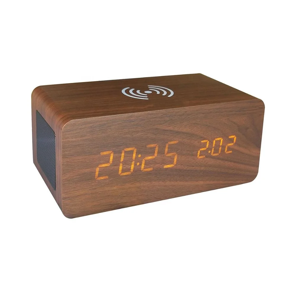 

wooden digital LED alarm clock with wireless phone charging table clock speaker