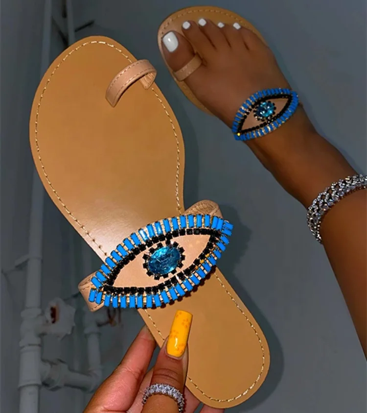 

2021 New Fashion Women Rhinestone Slip-On Entry Toe Stopper Ring Beaded Flat Slippers Ladies Sexy Slide Sandals, Black ,tan