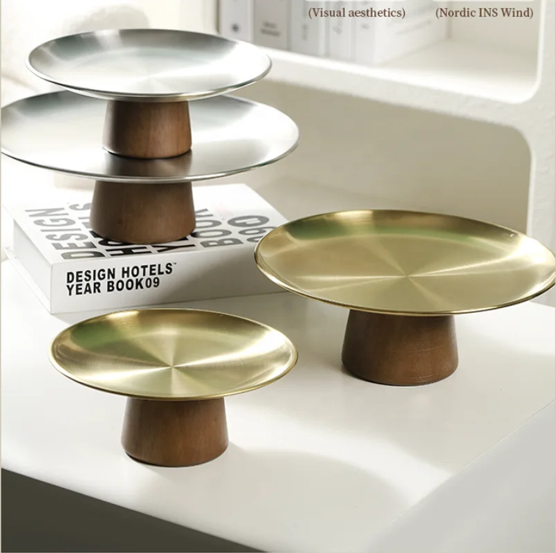 Modern Stainless Steel & Wood Tall Tray Serve Trays for Party Dessert Display Silver Cake & Pastry Plate Household Use