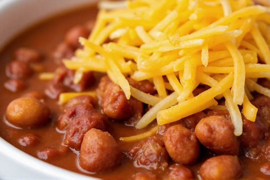 Close-up of Chili John's signature chili served with oyster crackers and shredded cheddar cheese