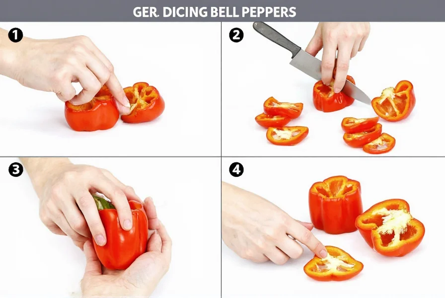 Step-by-step visual guide showing proper hand positioning and knife technique for dicing bell peppers