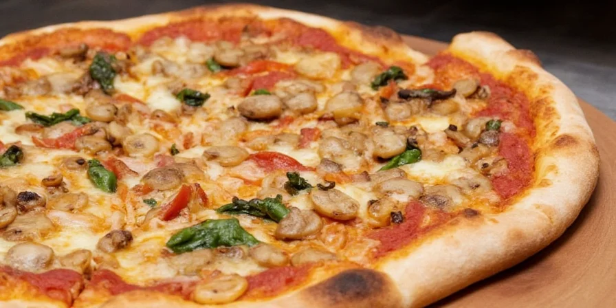 Sliced pizza showing shiitake mushrooms with melted cheese