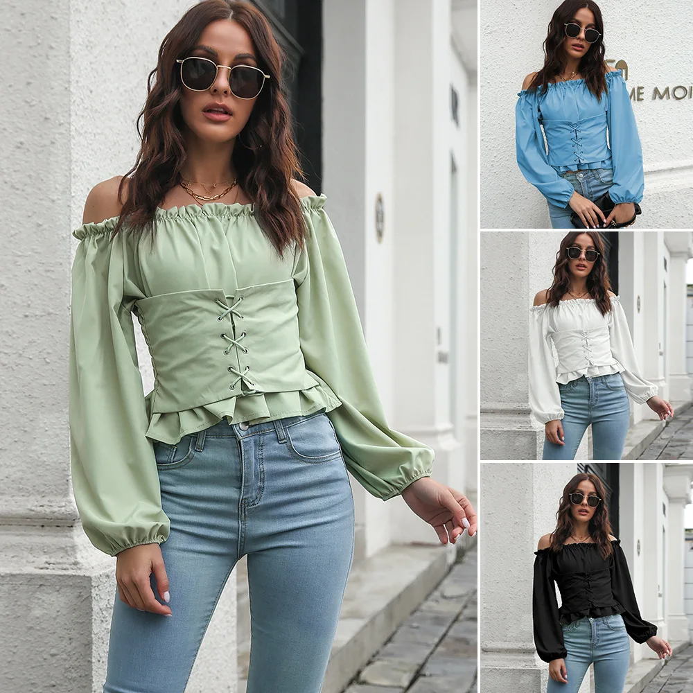 

2022 hot sale ladies spring summer off-shoulder puff sleeve top blouses & shirts for women