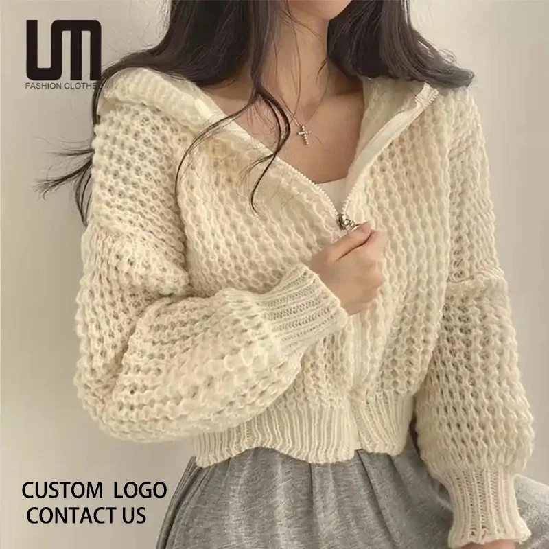 Liu Ming Cheap Wholesale New Product Korean Chic Casual Women Loose Knitted Zipper Lantern Long Sleeve Hooded Coat Sweaters