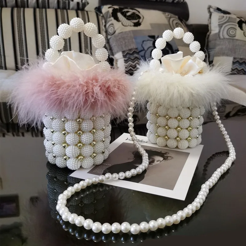 

Winter Fashion New Women's Mini Pearl Bag Hand-knitted Beaded Pearl Chain ABS Bag Fur Bucket Evening Wedding Party Handbags, White/pink