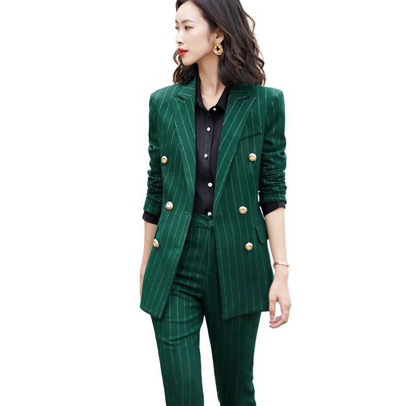 

Custom Womens Suit Wholesale Dropship Green Double Breasted Striped 2 Piece Suit Set Pant Suit Work Wear Office Lady Style, Royal blue, green, red