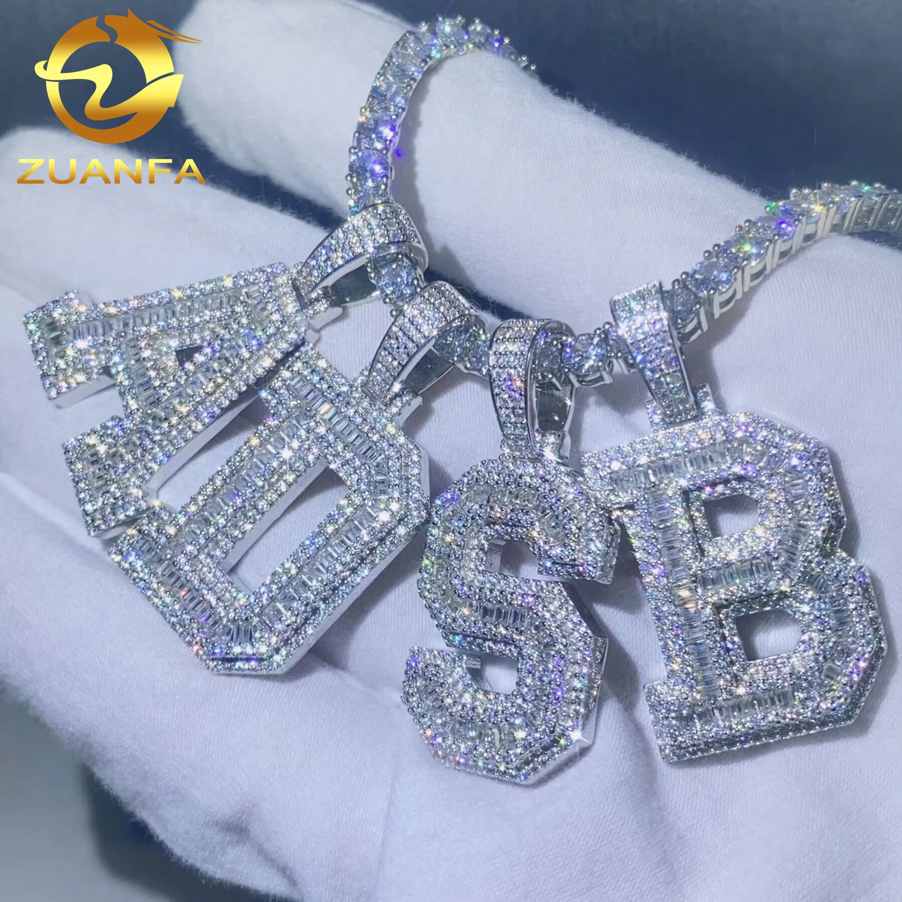 

zuanfa jewelry vvs diamond iced out hip hop gold plated baguette moissanite letter pendant necklace