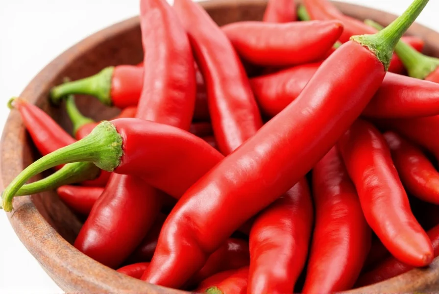 Close-up view of fresh cayenne peppers on a wooden cutting board with measuring spoons