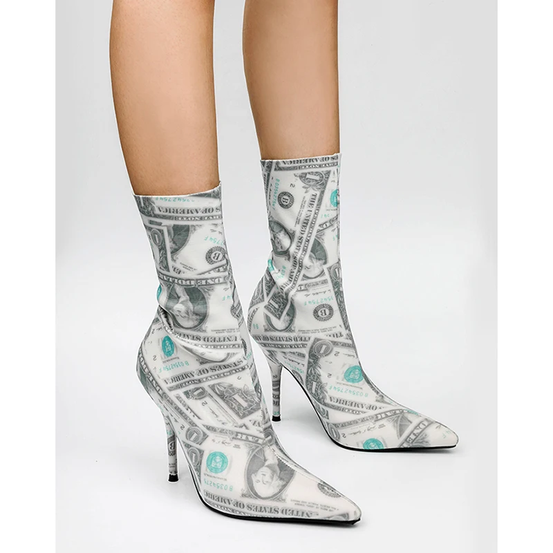

Printed US Dollars Pointed Toe Stiletto Elastic Boots Women's High Heel Short Sock Boots