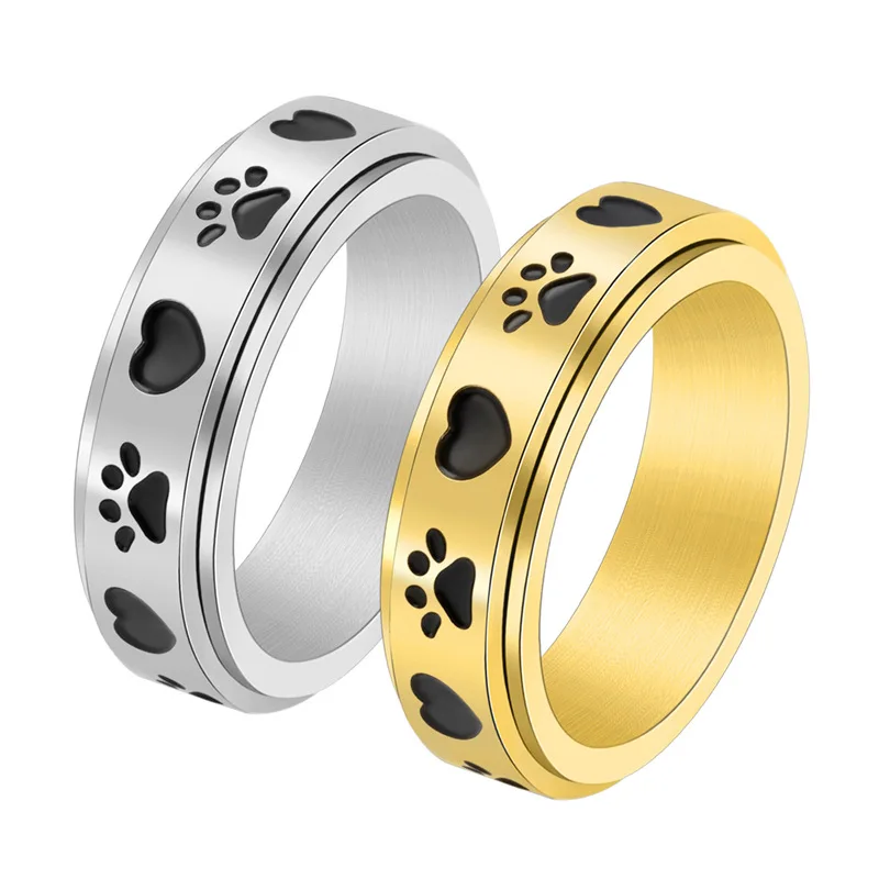 

GT New Arrival 6MM Cute Dog Footprint 360 Rotating Ring 18K Gold Stainless Steel Anxiety Spinner Rings For Women