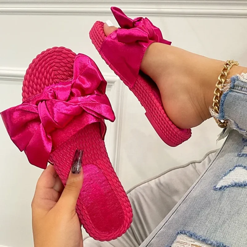 

Fashion Bow-Tie Summer New Flat Sandal Women Slippers Big Size 43 Straw Slides Casual Girls Bedroom Shoes, Black,pink,rosy red