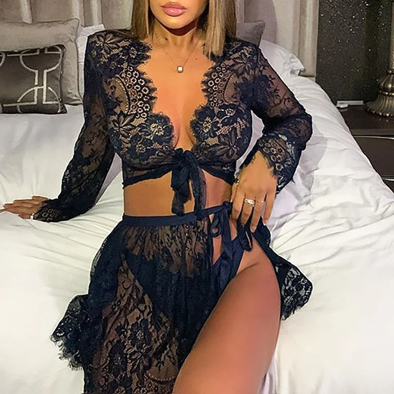 

Sexy Black Lace Babydoll Transparent Thin V Neck Split Mid Length Pajamas Women Lingerie Triple Set, Picture colors