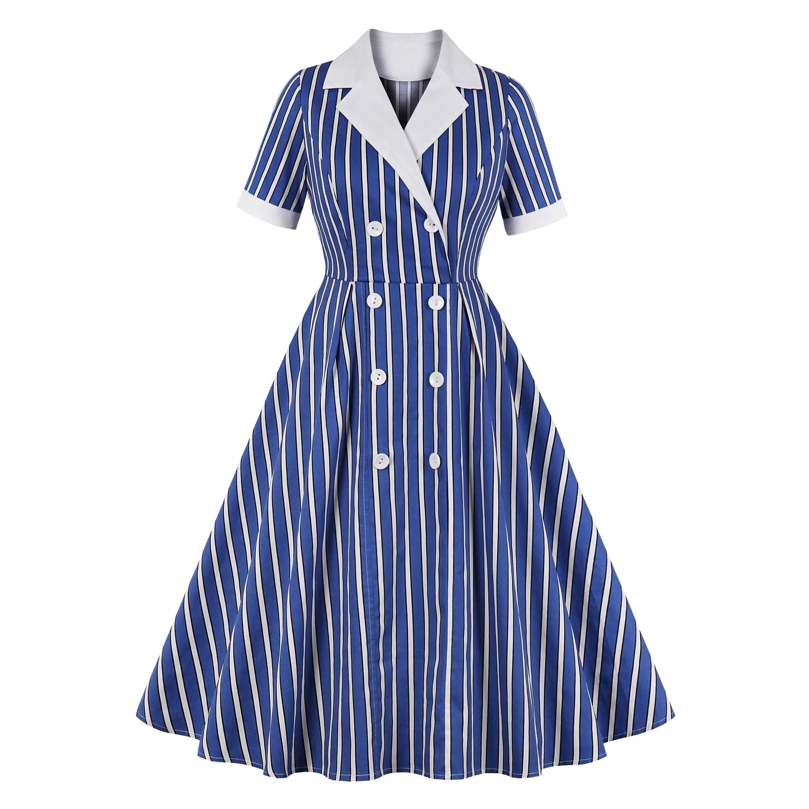 

MXN-307 Women's Blue Stripe Double Breast Work Vintage Blazer Dress