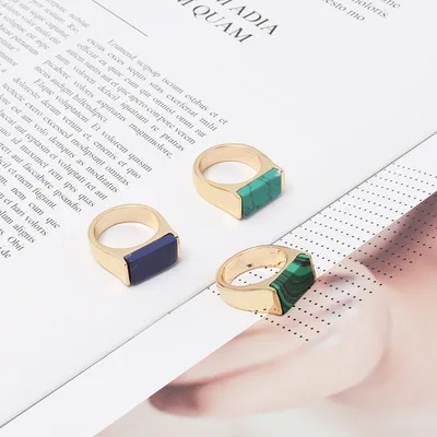 

High Quality Geometric 24K Gold Plating Malachite Natural Stone Rings Rectangle Blue Green Turquoise Rings