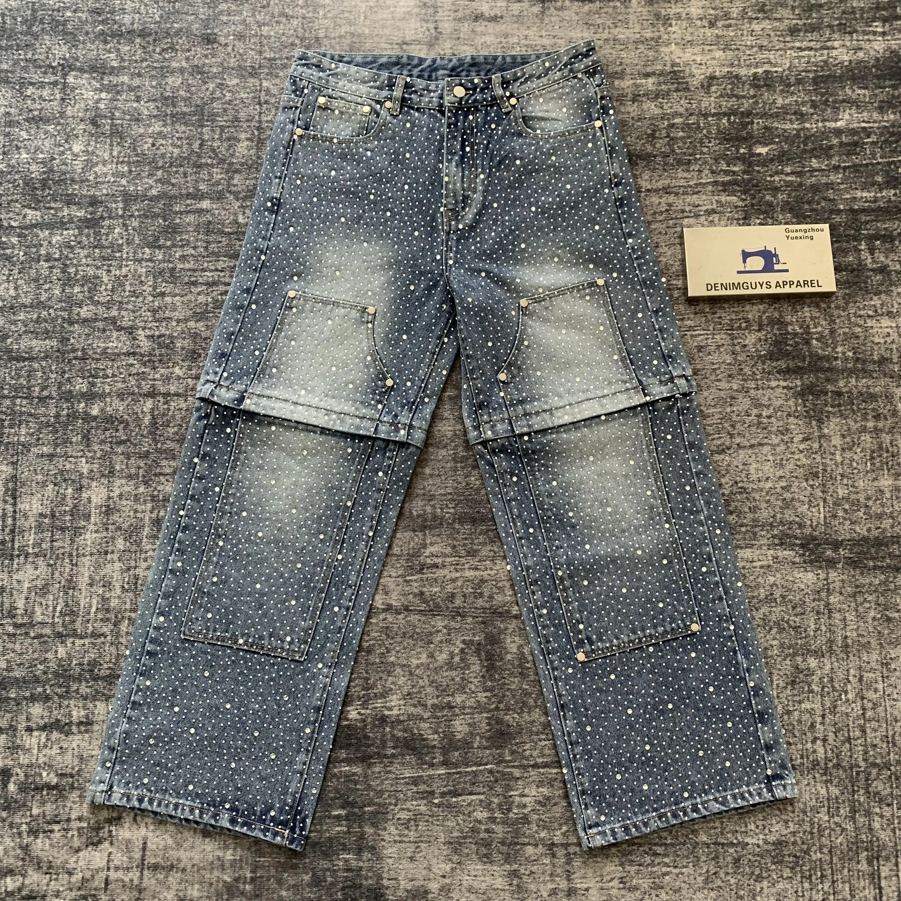 DENIMGUYS Vintage Streetwear Men's Y2k Detachable Zip off Jeans Manufacturer Custom Shiny Rhinestone Wide Leg Denim Pants Men