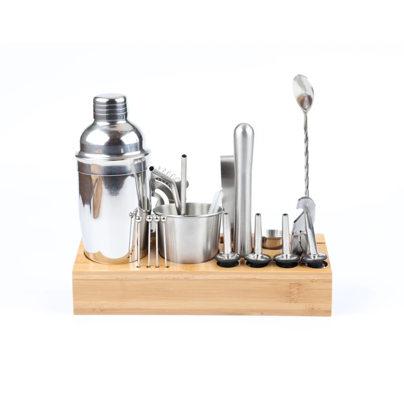 

Factory direct 19-piece stainless steel cocktail shaker set with wooden stand cocktail kit, Stainless steel silver
