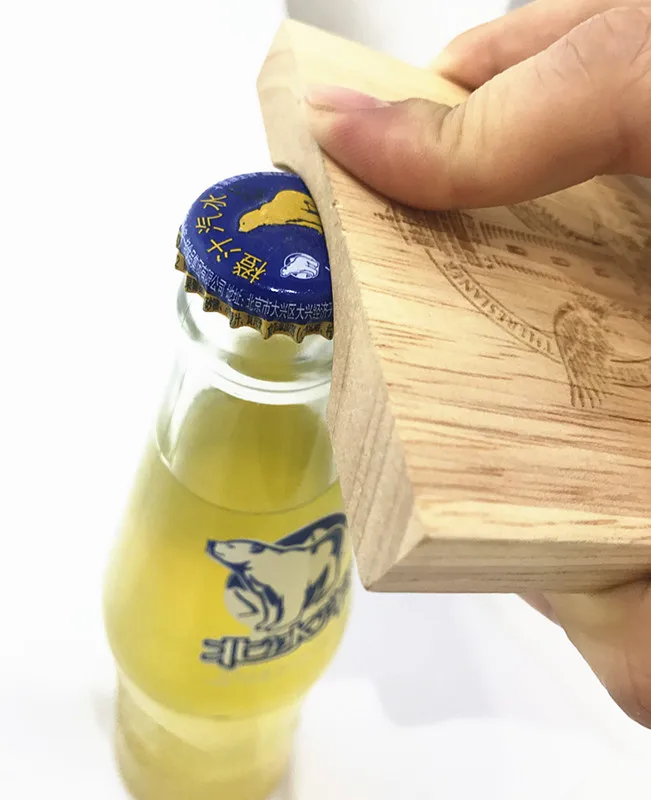 

2021 Hot Selling Creative Square Stainless Steel Beer Bottle Opener Blank Wooden Coaster, Wood color