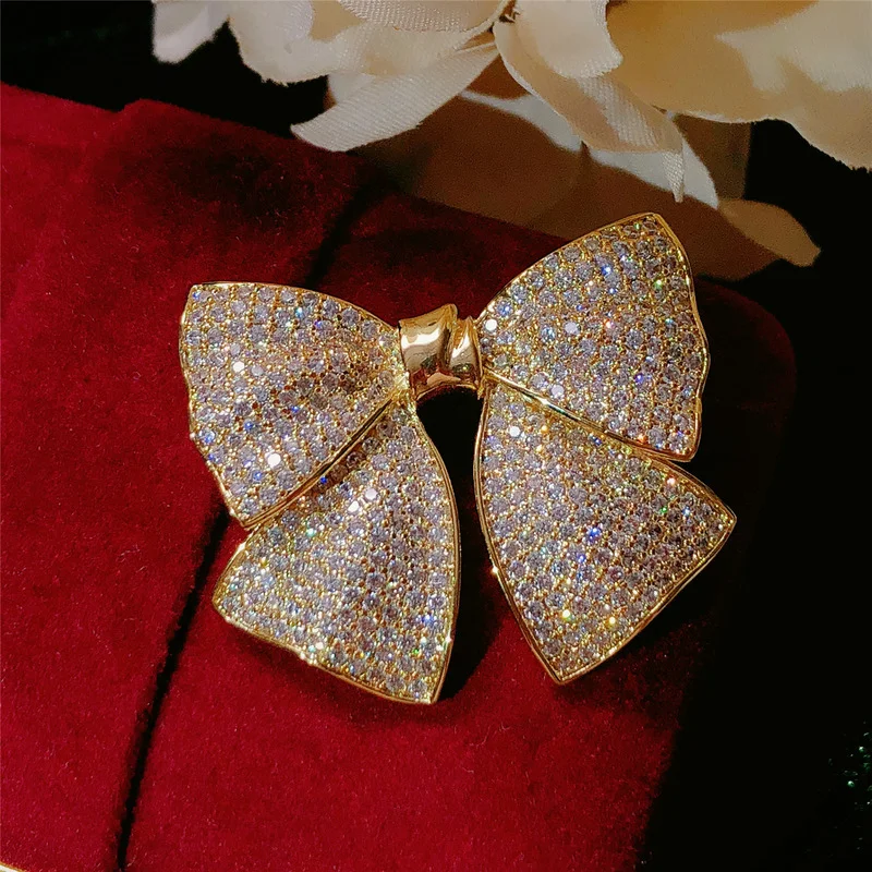 

Korean Micro-inlaid Zircon Jewelry Ladies Elegant Gold Plated Scarf Pin Brooches Full Diamond Bow Brooch