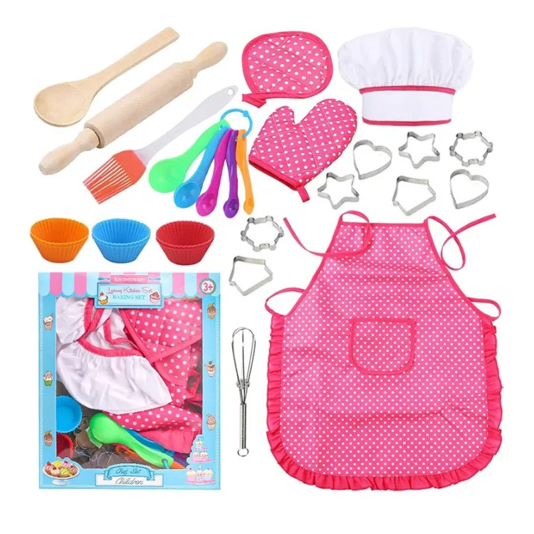 

Amazon Hot Sale Kids Girls Boys Baking Set Cake Decorating Supplies Kit 27pcs Kids Apron Chef Hat Cooking Baking Tools