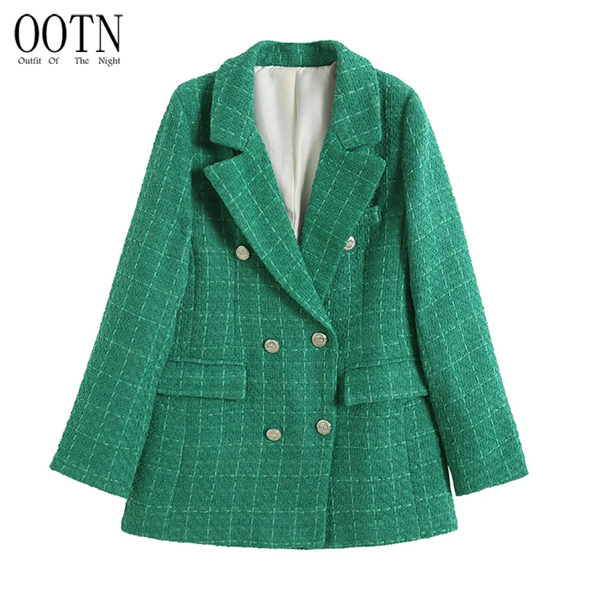

OOTN Vintage Flap Pockets Female Outerwear Chic Blazer Coat 2023 Women Fashion Double Breasted Houndstooth tweed blazer