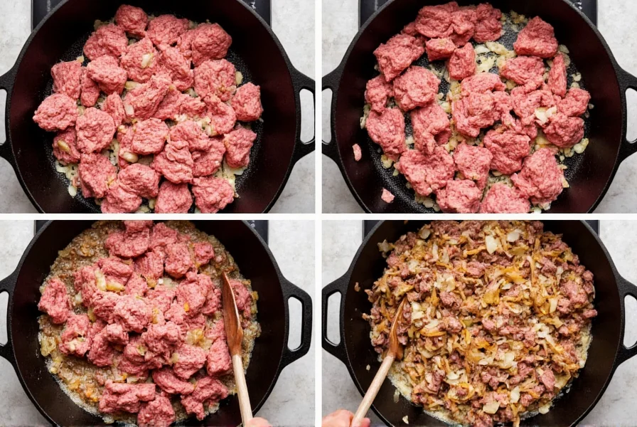 Step-by-step photos showing ground beef browning in cast iron pot with onions and garlic