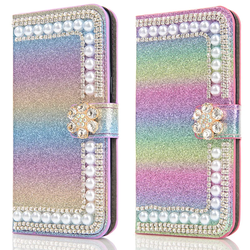 

Luxury Bling Rhinestone Pearl Wallet Shiny Card Slot Wallet case for iphone xr xs glitter leather cover for iphone case pearl, 8 colors are available