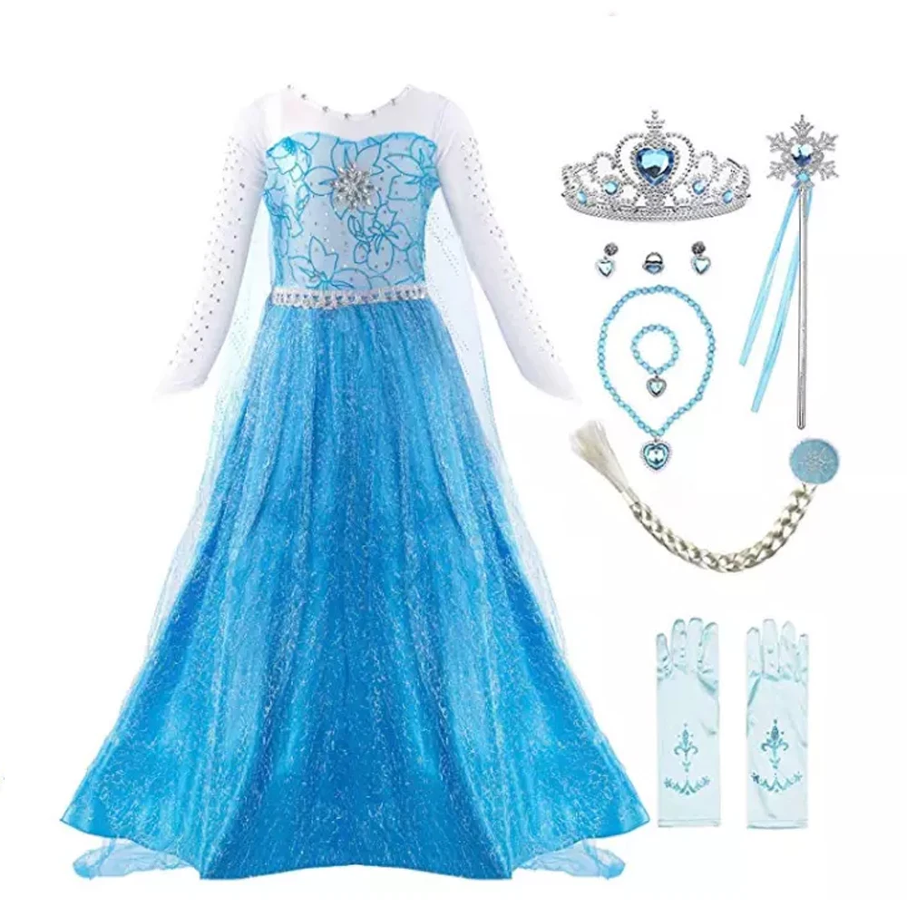 

Hot Sell Frozen Elsa Anna Princess Dress Up Halloween Cosplay Costume With Princess Crown Wand, Photo