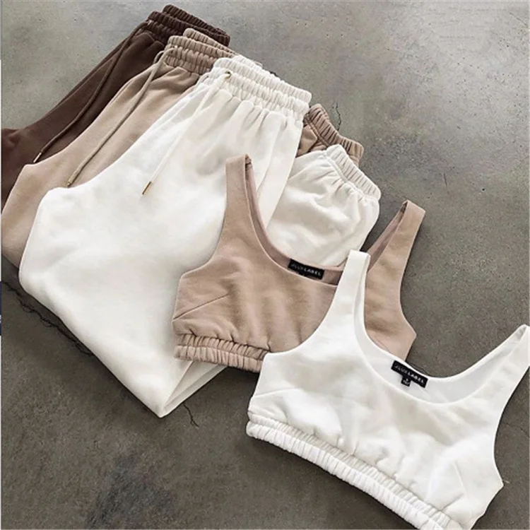 

2021 High quality custom logo crop top comfy cotton soft womens two piece set