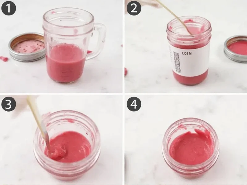 Step-by-step diy lip cream preparation in mason jar