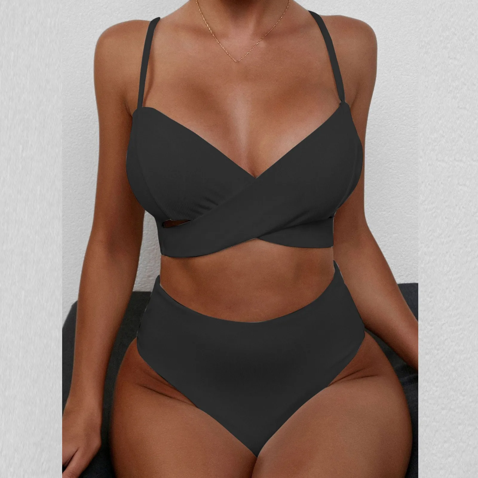 

New Style Pleat Cross Sling Swimsuit Two Pieces V Neck High Waist Solid Bathing Suits Women Bikini Swimwear
