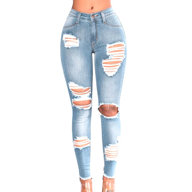 

TR2011 High Quality Denim Hole Skinny Stretchy Pencil Plus Size Jeans Pants High Waist Jeans Women's Jeans, As show